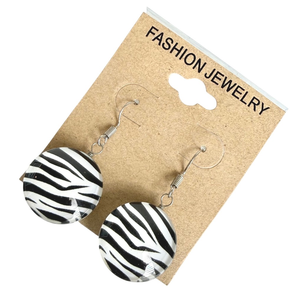 Zebra Print Earrings Women OS Black White Dangle Glass Cabochon Animal - Picture 6 of 6